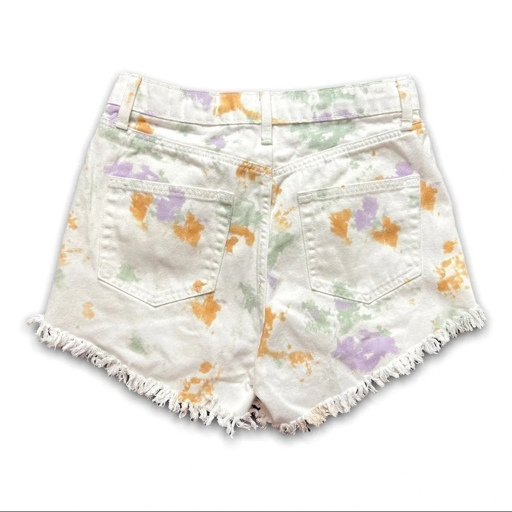 90s Pastel Tie Dye High Waist Raw‎ Hem Button Fly Denim Cutoff Jean Shorts 6
